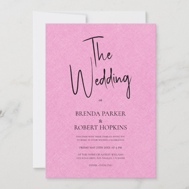 Pink linen Simple Black Script Wedding Invite (Front)