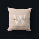 Pink Linen White Monogram Wedding Keepsake<br><div class="desc">Elegant wedding keepsake pink woven linen effect pillow with your text in dark grey chic handwritten script calligraphy. Simply add your names, monogram and wedding date. Great gift for a newlywed couple. Exclusively designed for you by Happy Dolphin Studio. If you need any help or matching products, please contact us...</div>