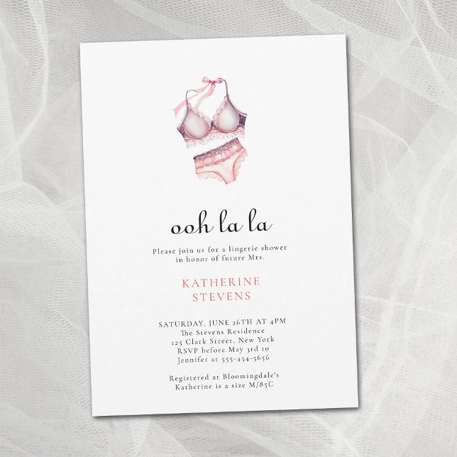 Pink Lingerie Party Ooh La La Bow Bridal Shower Invitation (lingerie shower pink lace bridal bra panties invitation watercolor elegant minimalist modern classy )