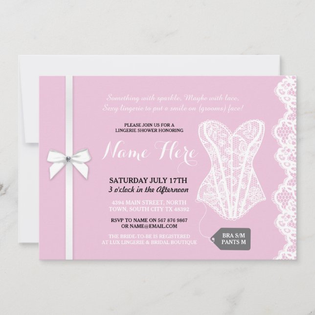 Pink Lingerie Shower Invite White Lace Bridal (Front)
