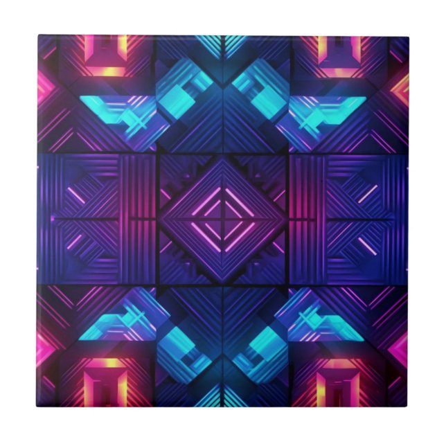 Pink-Linked Blue Geometric Ceramic Tile (Front)