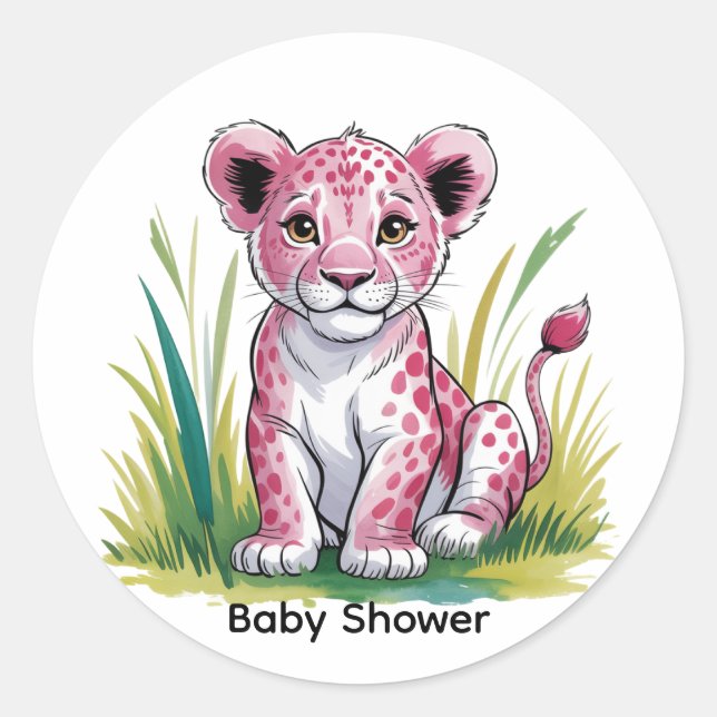 Pink Lion Girl Baby Shower Classic Round Sticker (Front)