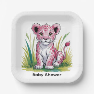 Pink Lion Girl Baby Shower Paper Plate