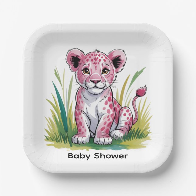 Pink Lion Girl Baby Shower Paper Plate (Front)