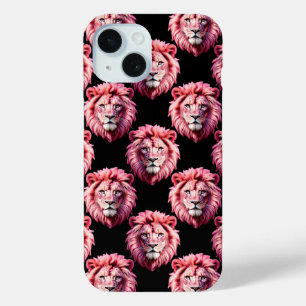 Pink Lion Head Animal Pattern Design - Black  iPhone 15 Case