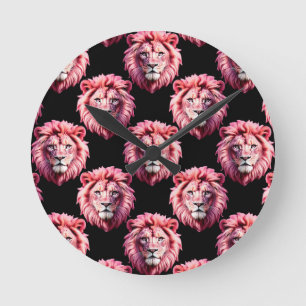Pink Lion Head Animal Pattern Design - Black  Round Clock
