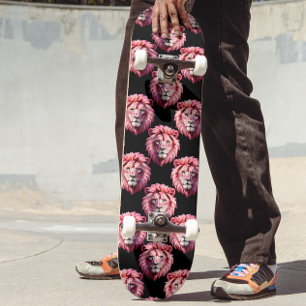 Pink Lion Head Animal Pattern Design - Black Skateboard
