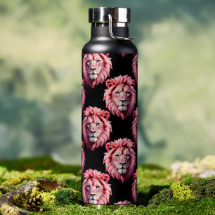 Pink Lion Head Animal Pattern Design - Black  Water Bottle
