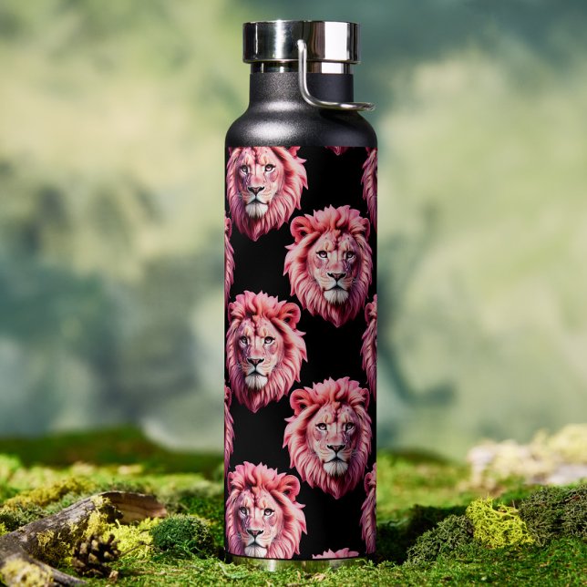 Pink Lion Head Animal Pattern Design - Black  Water Bottle (Creator Uploaded)
