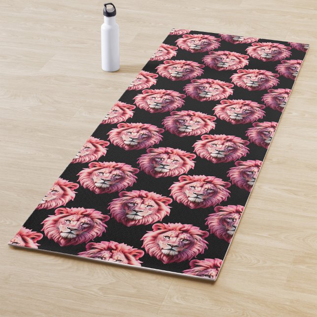 Pink Lion Head Animal Pattern Design - Black  Yoga Mat (Creator Uploaded)