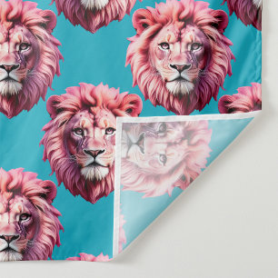 Pink Lion Head Animal Pattern Design Blue  Fabric