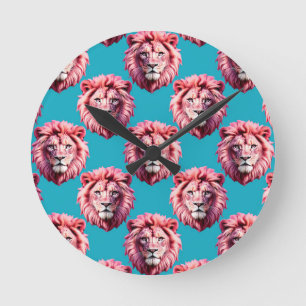 Pink Lion Head Animal Pattern Design Blue Round Clock