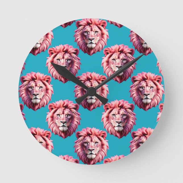 Pink Lion Head Animal Pattern Design Blue  Round Clock (Front)