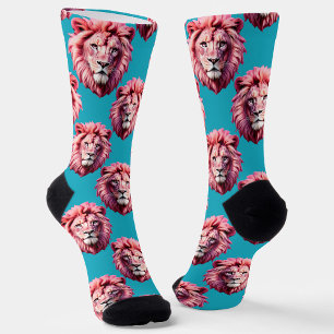 Pink Lion Head Animal Pattern Design Blue Socks
