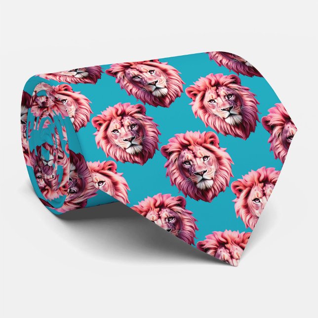Pink Lion Head Animal Pattern Design Blue  Tie (Creator Uploaded)