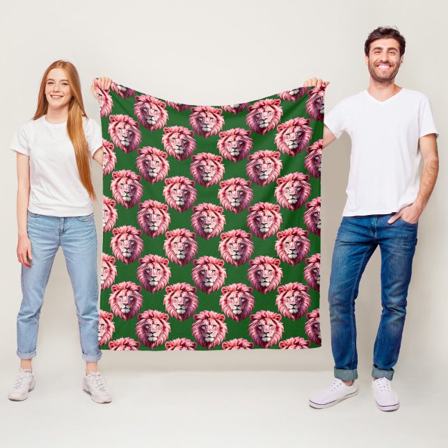 Pink Lion Head Animal Pattern Design Green  Fleece Blanket (Creator Uploaded)