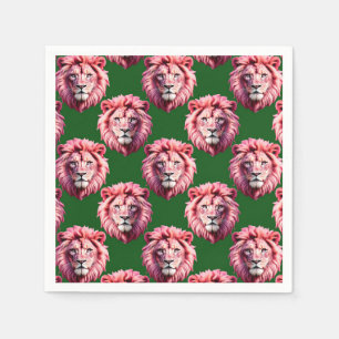 Pink Lion Head Animal Pattern Design Green Napkin