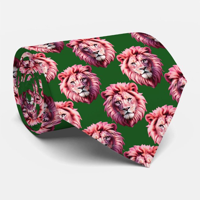 Pink Lion Head Animal Pattern Design Green  Tie (Creator Uploaded)