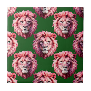 Pink Lion Head Animal Pattern Design Green Tile