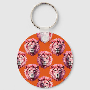 Pink Lion Head Animal Pattern Design Orange Key Ring