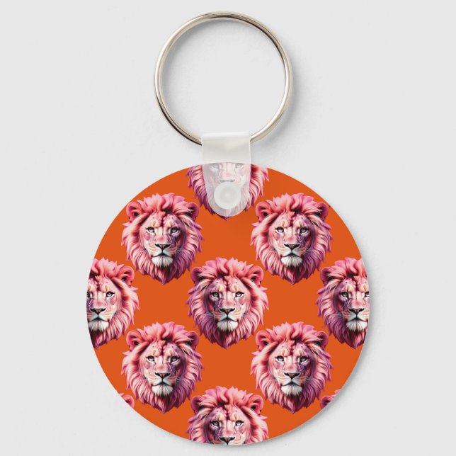 Pink Lion Head Animal Pattern Design Orange  Key Ring (Front)