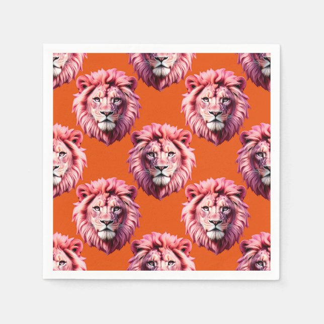 Pink Lion Head Animal Pattern Design Orange  Napkin (Front)