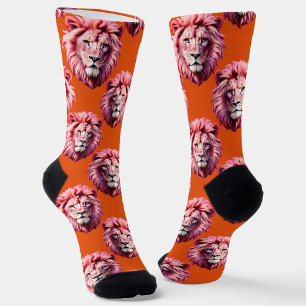 Pink Lion Head Animal Pattern Design Orange  Socks