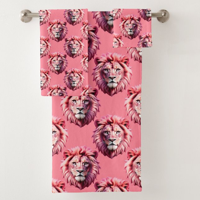 Pink Lion Head Animal Pattern Design Pink  Bath Towel Set (Creator Uploaded)