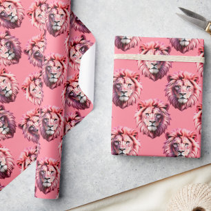 Pink Lion Head Animal Pattern Design Pink Wrapping Paper