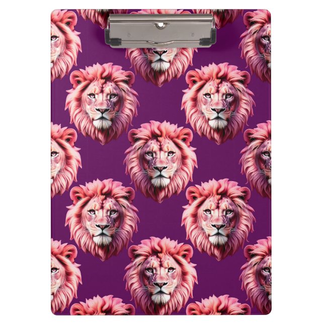 Pink Lion Head Animal Pattern Design Purple  Clipboard (Front)