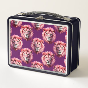 Pink Lion Head Animal Pattern Design Purple Metal Lunch Box