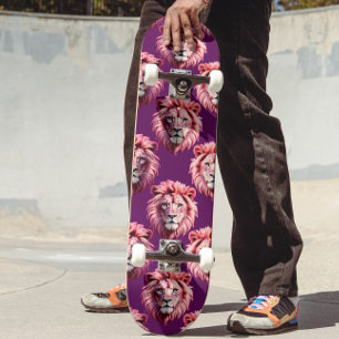 Pink Lion Head Animal Pattern Design Purple  Skateboard