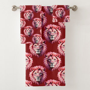 Pink Lion Head Animal Pattern Design Red  Bath Towel Set