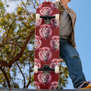 Pink Lion Head Animal Pattern Design Red  Skateboard
