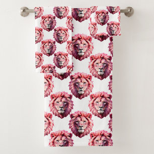 Pink Lion Head Animal Pattern Design White Bath Towel Set