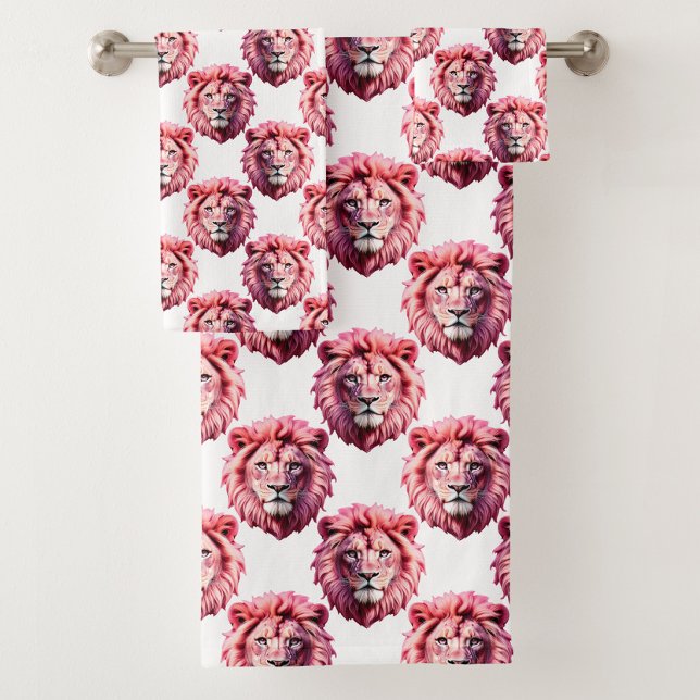 Pink Lion Head Animal Pattern Design White  Bath Towel Set (Creator Uploaded)