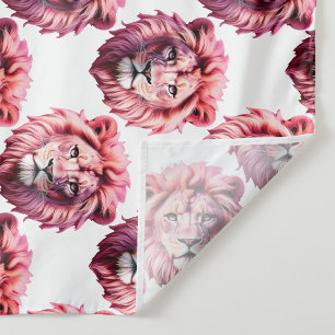 Pink Lion Head Animal Pattern Design White Fabric