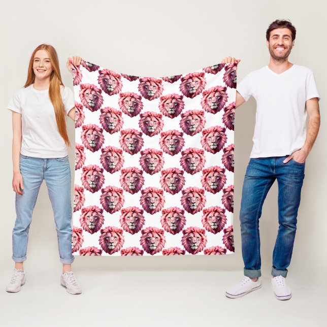 Pink Lion Head Animal Pattern Design White  Fleece Blanket (Creator Uploaded)