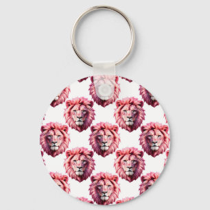Pink Lion Head Animal Pattern Design White Key Ring