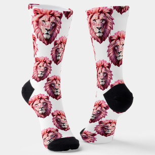 Pink Lion Head Animal Pattern Design White  Socks