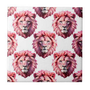 Pink Lion Head Animal Pattern Design White Tile