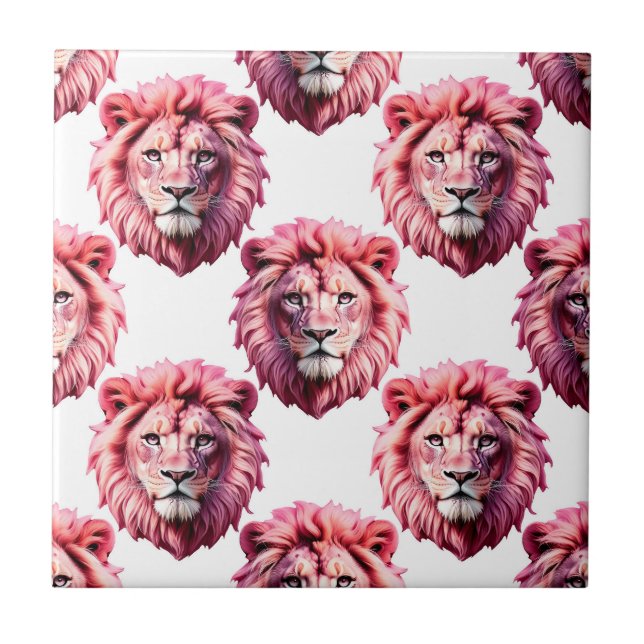 Pink Lion Head Animal Pattern Design White  Tile (Front)