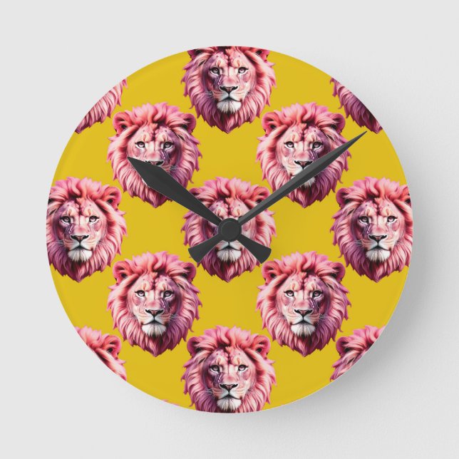 Pink Lion Head Animal Pattern Design Yellow  Round Clock (Front)