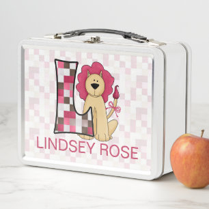 Pink Lion Letter L Monogrammed Patchwork Girls Metal Lunch Box