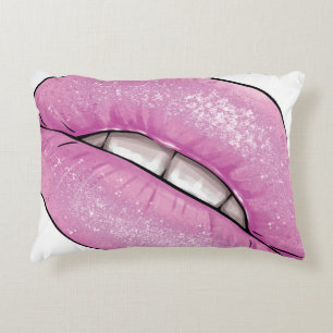 Pink lip colour gloss with teeth decorative cushion