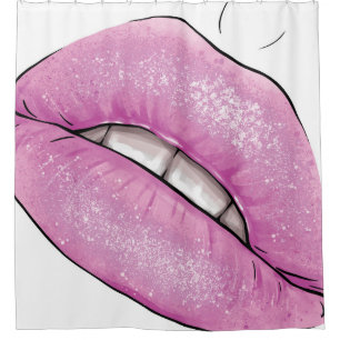 Pink lip colour gloss with teeth shower curtain