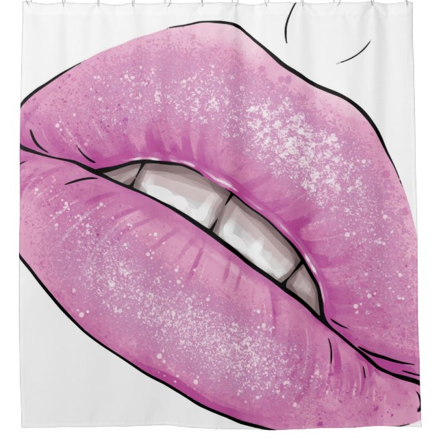 Pink lip colour gloss with teeth shower curtain (Front)