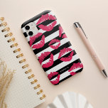 Pink Lip Print Kisses Black & White Stripe Case-Mate iPhone 14 Case<br><div class="desc">Smooch! Chic phone case features a black and white stripe background overlaid with hot fuchsia pink lip print kisses. Use the optional personalisation field to add a name or monogram,  or simply delete. Makes a cute gift for makeup artists or beauty enthusiasts.</div>
