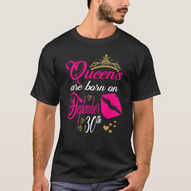Pink Lip Print Queens Are Born On September 30th L T-Shirt (Front)