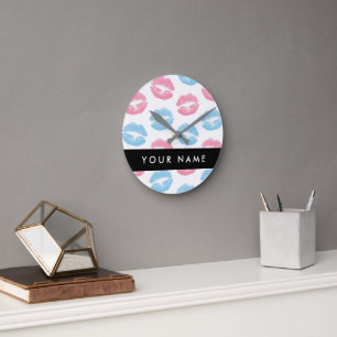 Pink Lips, Blue Lips, Kiss, Your Name, Personalise Round Clock